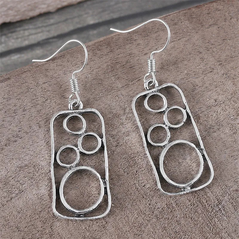 Round ring geometric earrings with irregular square design in antique silver finish