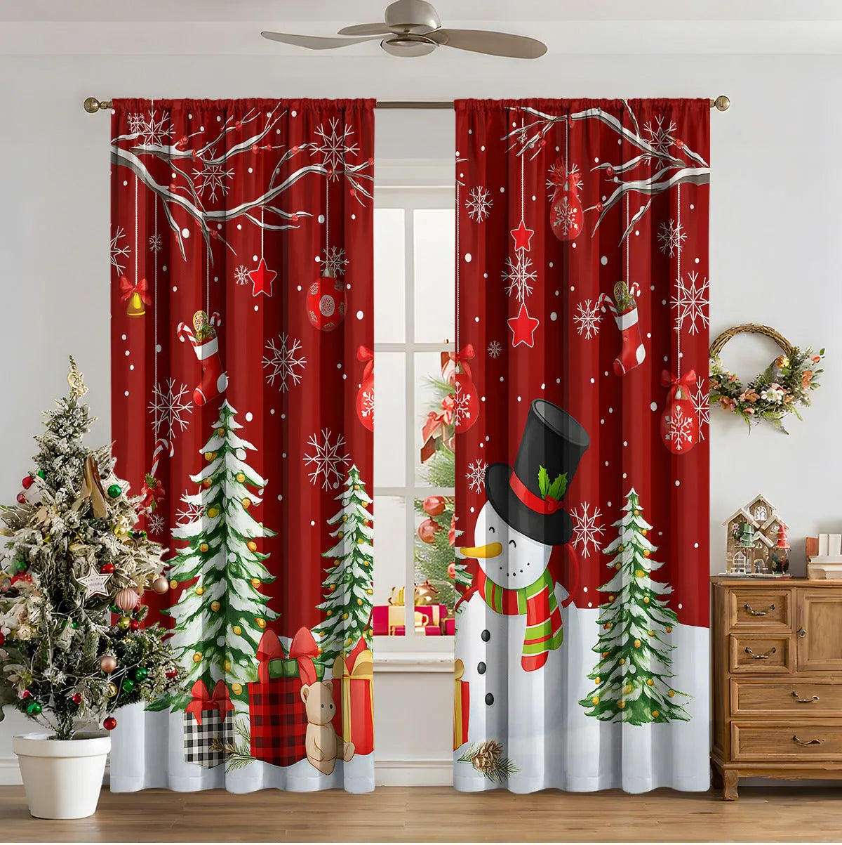 3D digitally printed Christmas curtain with modern simplicity design showing festive imagery
