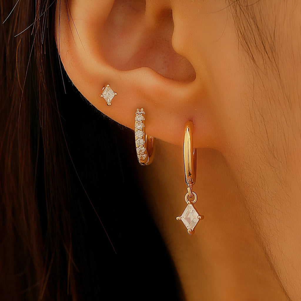 Three-piece ladies earring set with geometric zircon designs in gold and white copper jewellery
