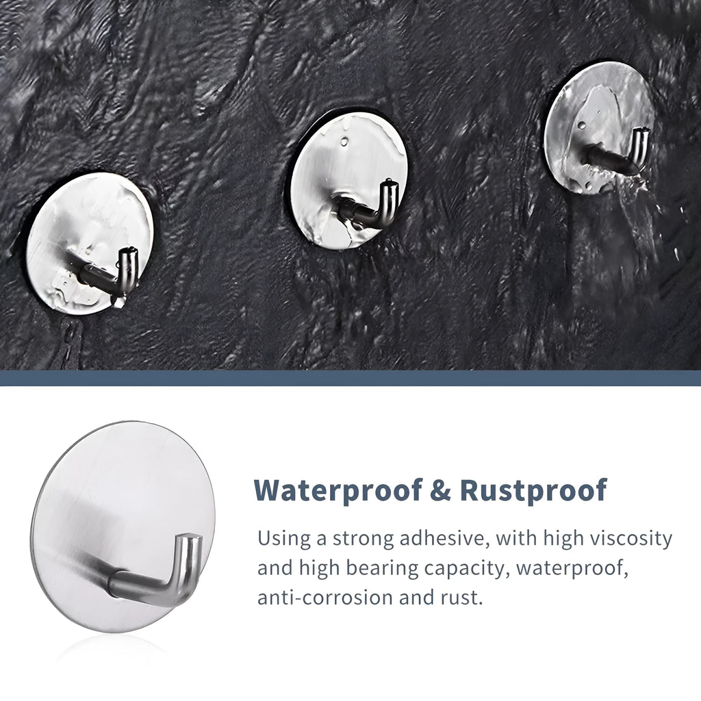 Stainless steel self-adhesive wall hook in black and polished finishes for bathroom or kitchen.