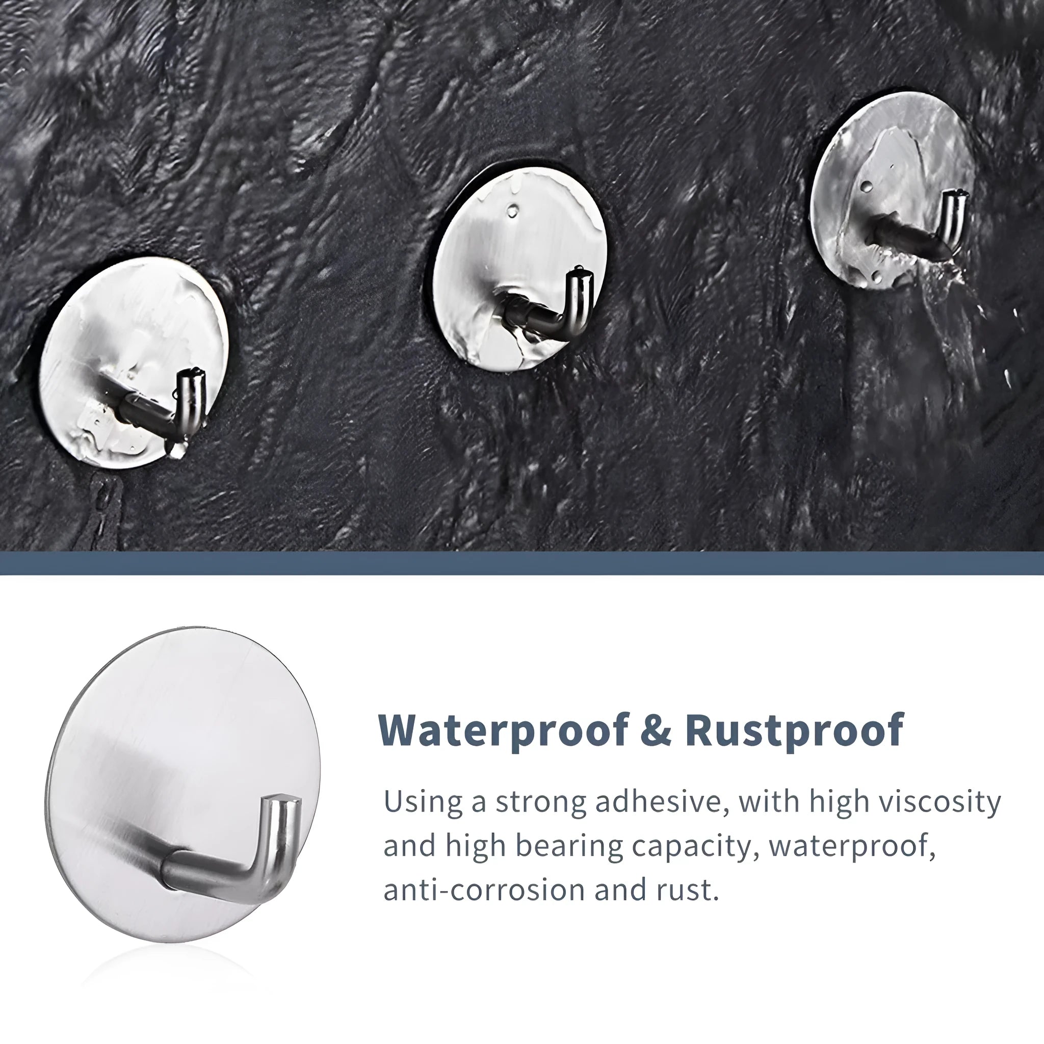 Stainless steel self-adhesive wall hook in black and polished finishes for bathroom or kitchen.