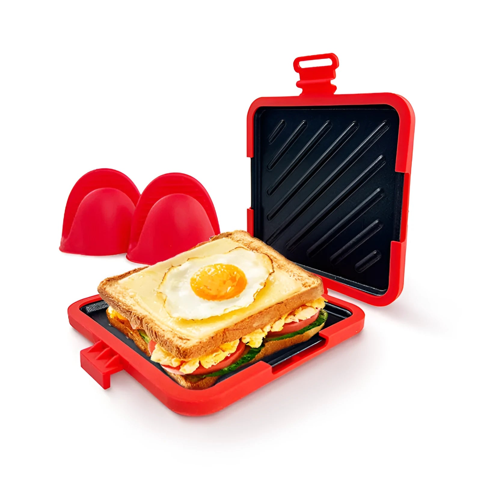 Red silicone baking tray with a large integrated handle and a pair of detachable blue baking gloves.
