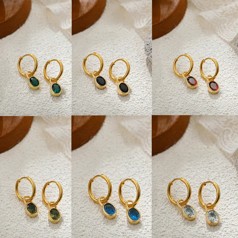 Women's retro oval zircon earrings in copper with six colour options