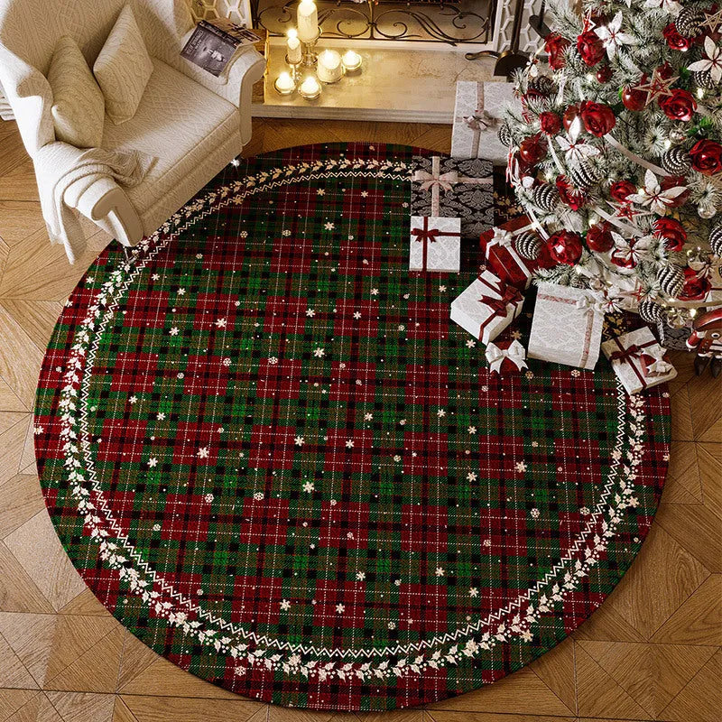 Round red Christmas carpet with festive pattern on wooden floor