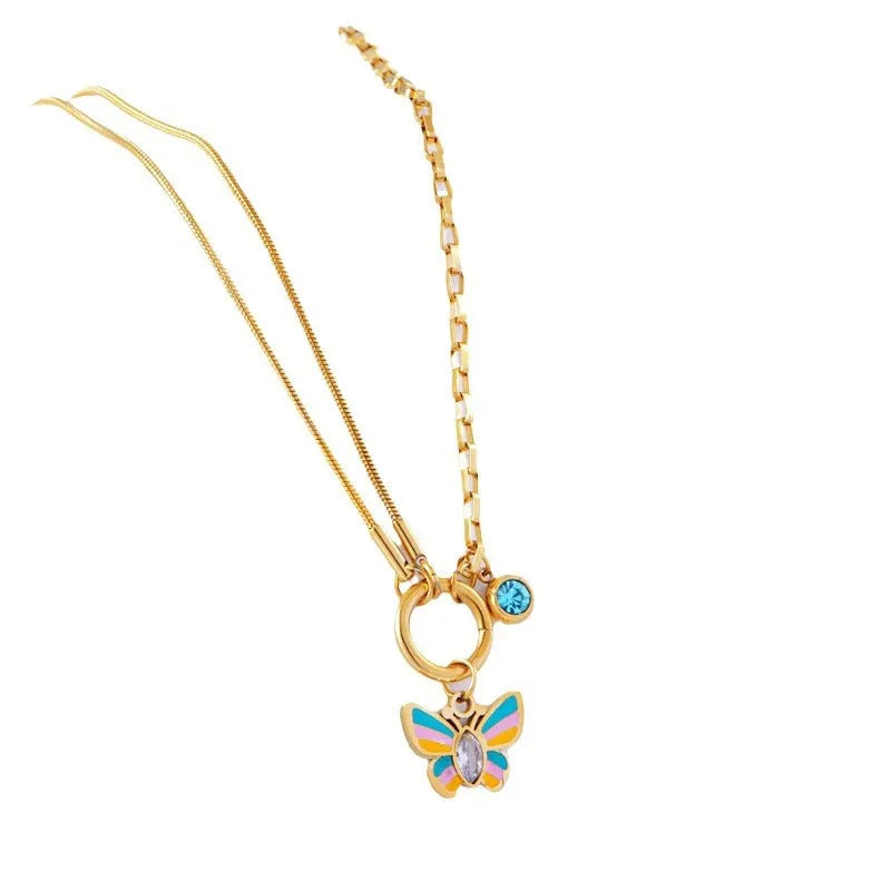 Gold titanium steel butterfly jewellery set with necklace and bracelet on snake bone chains