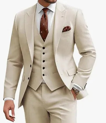 Men's slim fit three-piece suit in a bright red colour, featuring a jacket, waistcoat, and trousers.