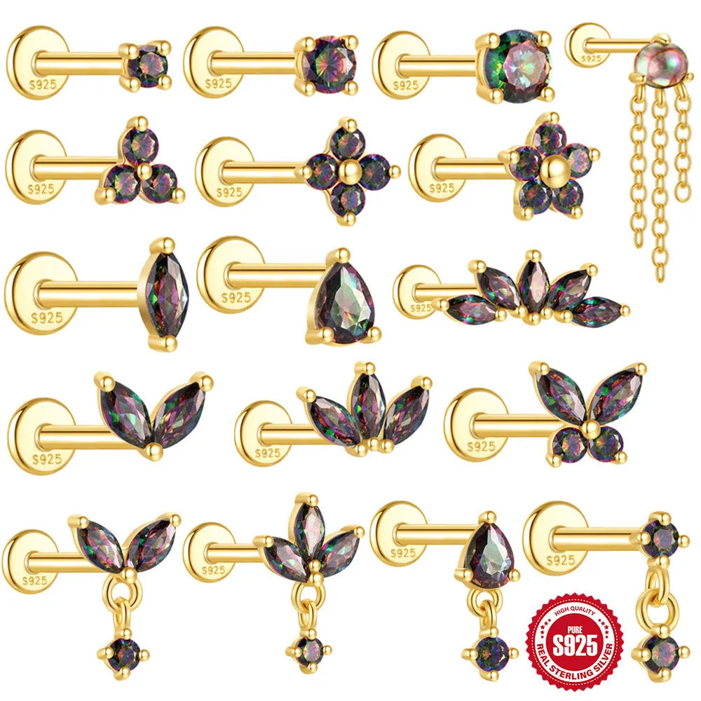 S925 sterling silver piercing earrings with super shiny rainbow stone and flat head thread in gold colour