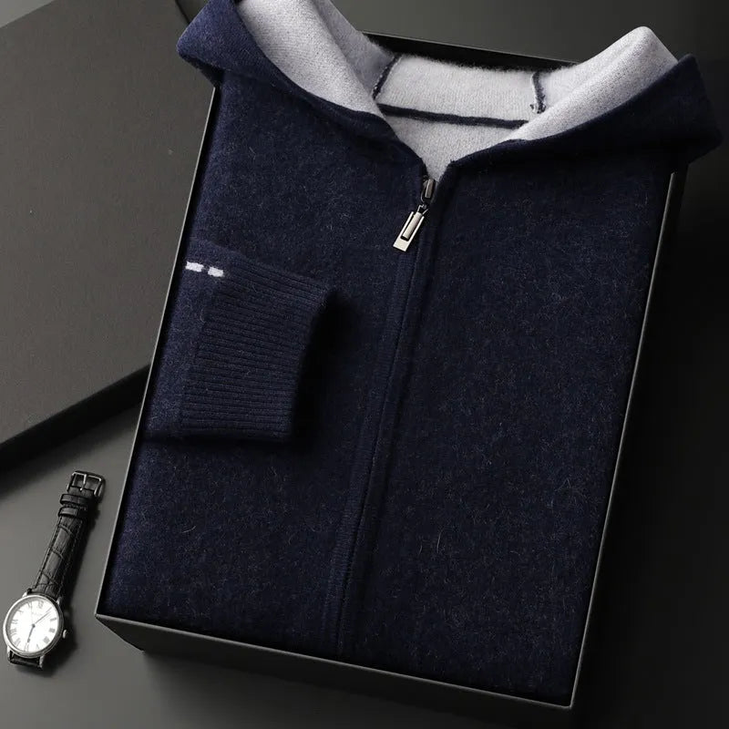Men's dark blue cashmere cardigan with half-high collar and full-length zipper front