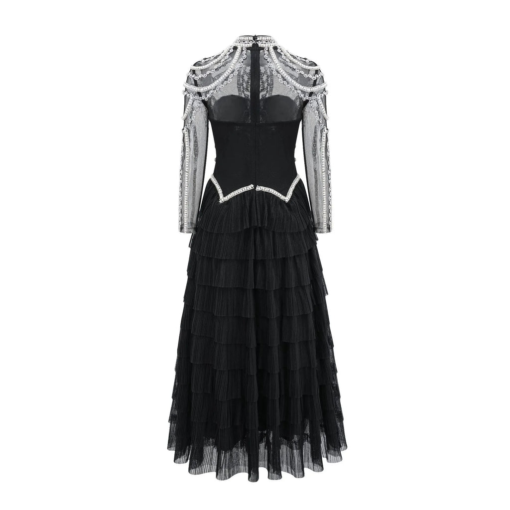 Women's long sleeve beaded polyester dress in black or pink with mid waist design