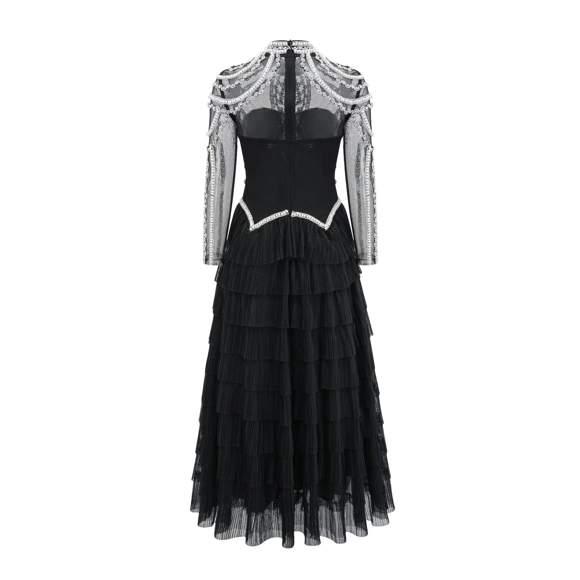 Women's long sleeve beaded polyester dress in black or pink with mid waist design