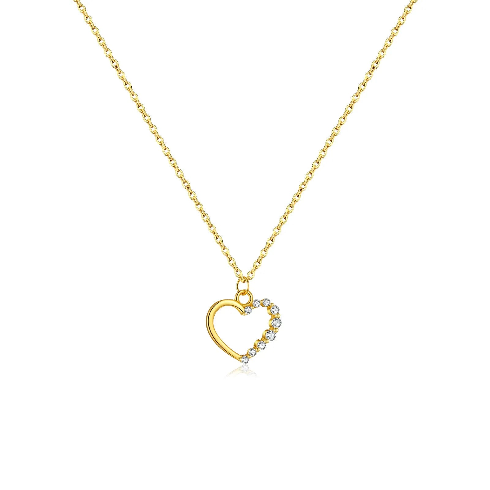 S925 sterling silver hollow heart necklace on a regular chain, shown in gold and platinum finish options.