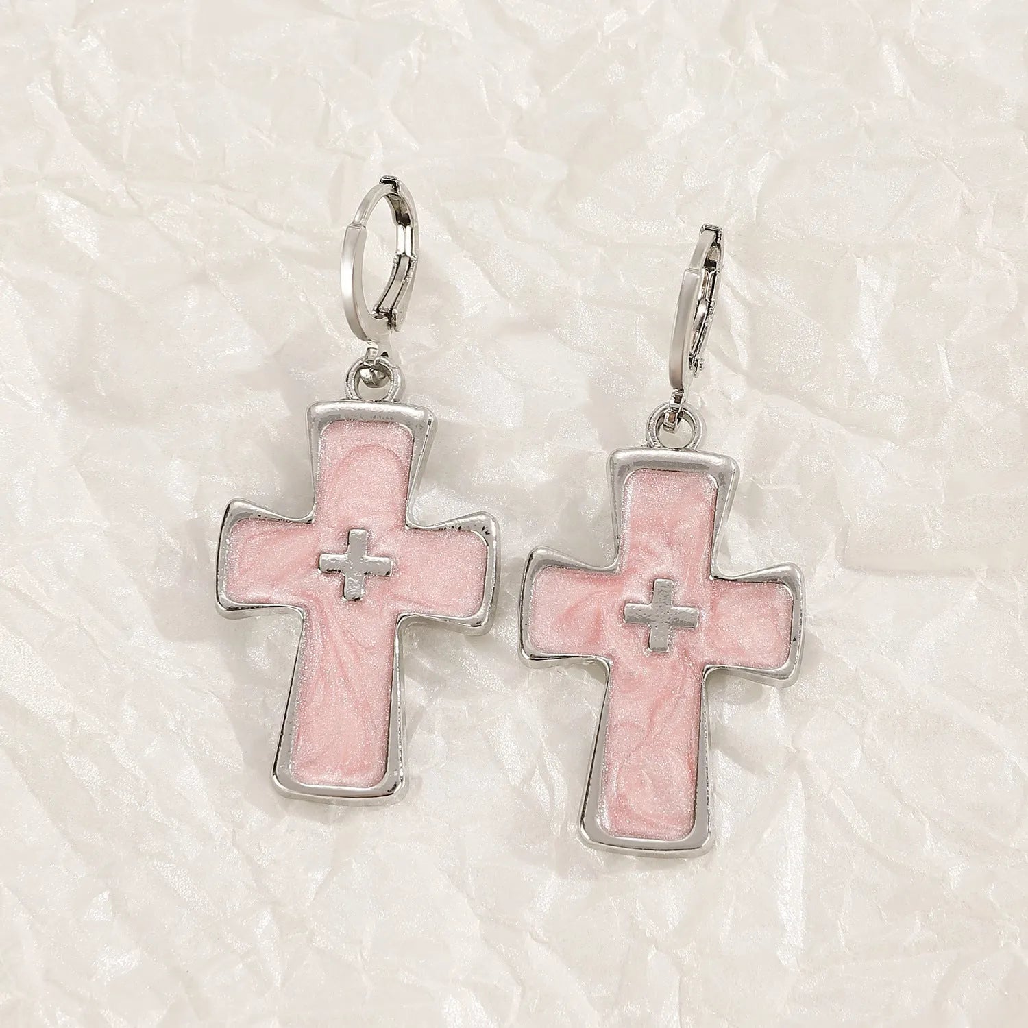 Women's alloy cross crystal earrings in five designs: white cross, peach heart, black cat, antique silver star.