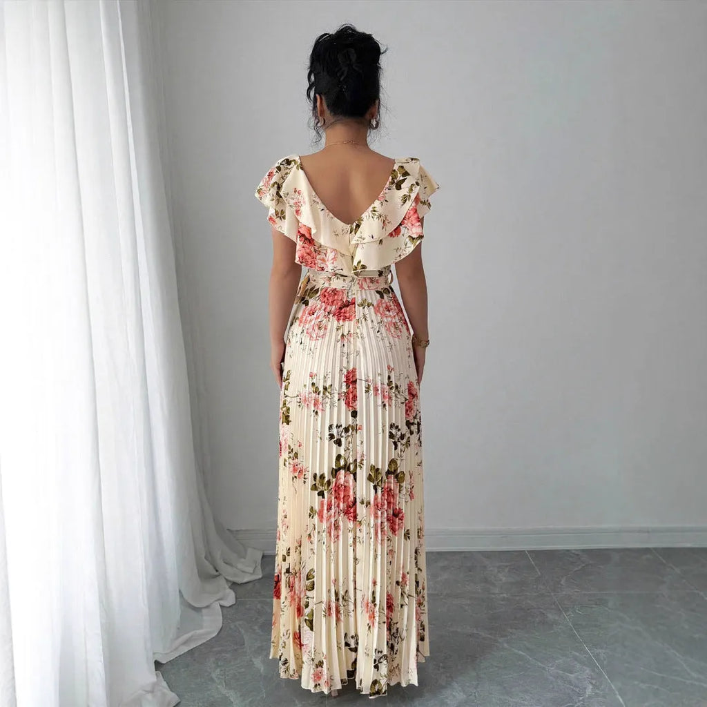 Apricot floral print dress with V-neck, ruffle sleeves, and swing skirt