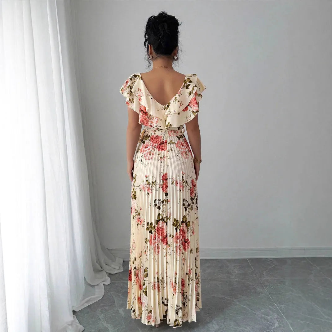 Apricot floral print dress with V-neck, ruffle sleeves, and swing skirt