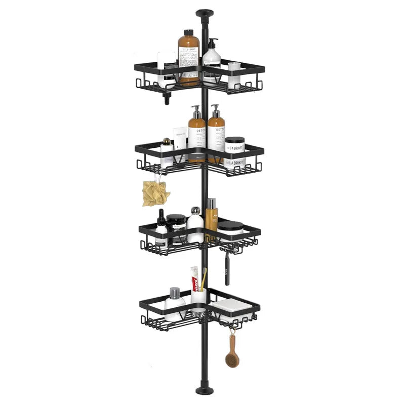 Retractable bathroom storage rack with four tiers and hole-free installation