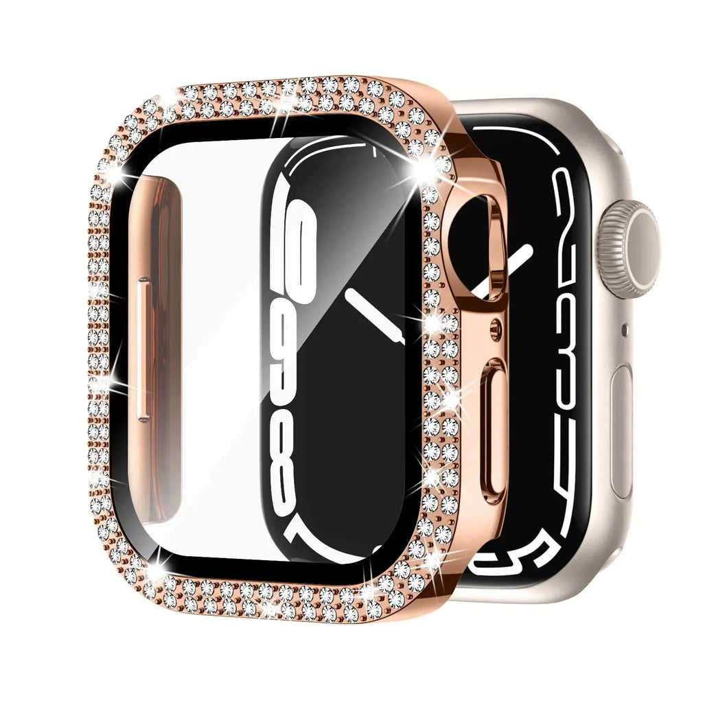 Apple Watch case with double diamond glass screen protector in rose pink colour on a 44mm watch.