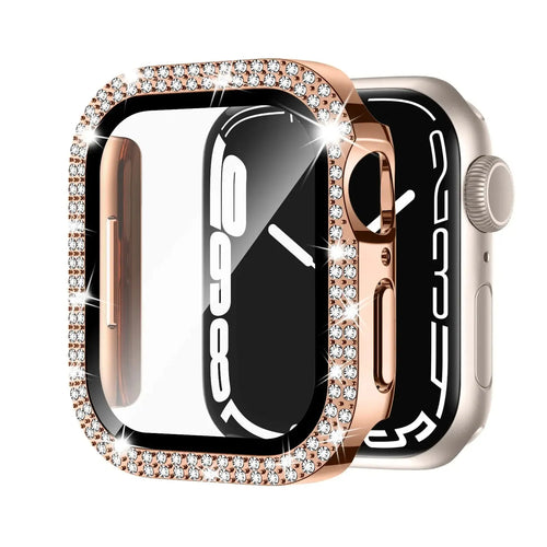 Apple Watch case with double diamond glass screen protector in rose pink colour on a 44mm watch.