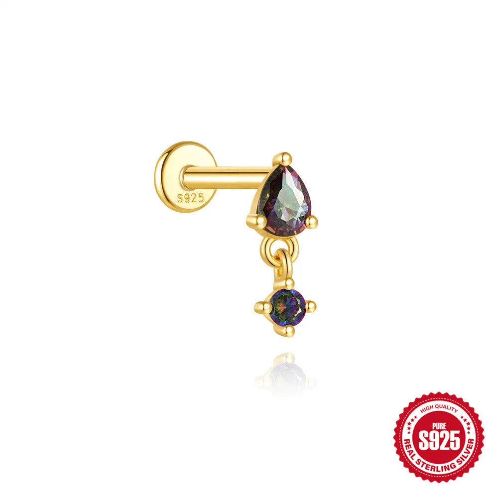 S925 sterling silver piercing earrings with super shiny rainbow stone and flat head thread in gold colour