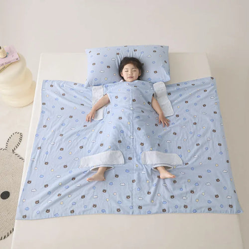 Anti-kick sleeping bag blanket in a summer design on a bed, showing its lightweight texture.