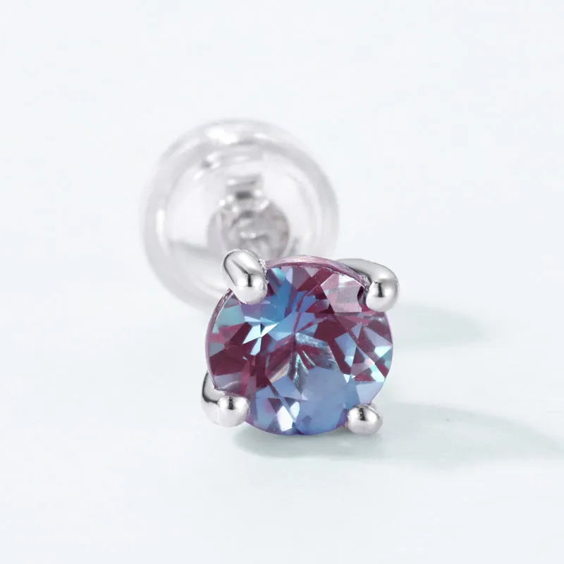 Women's geometric round stud earrings in 925 silver with Alexander Stone centrepiece in cultivated Alexandrite colour