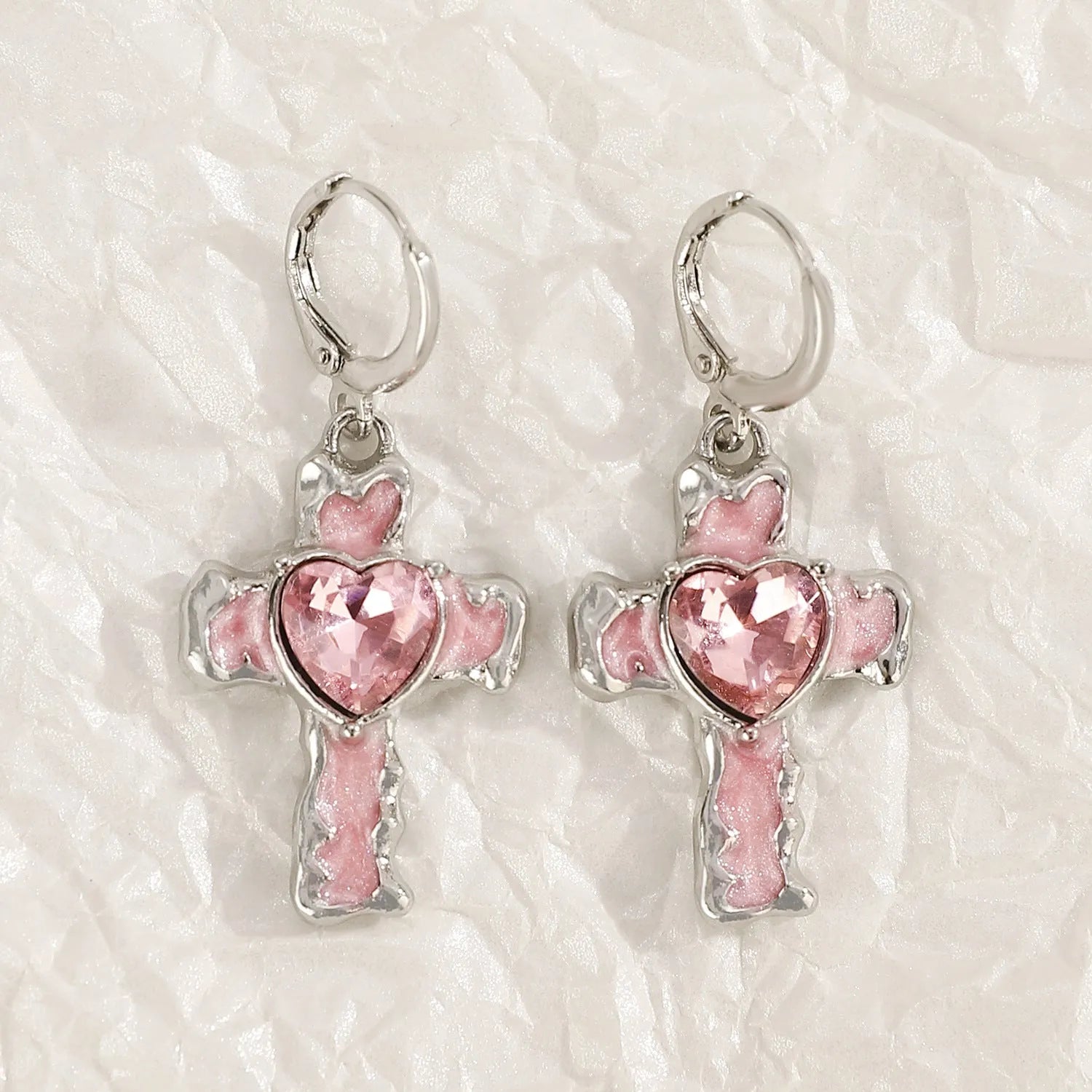Women's alloy cross crystal earrings in five designs: white cross, peach heart, black cat, antique silver star.