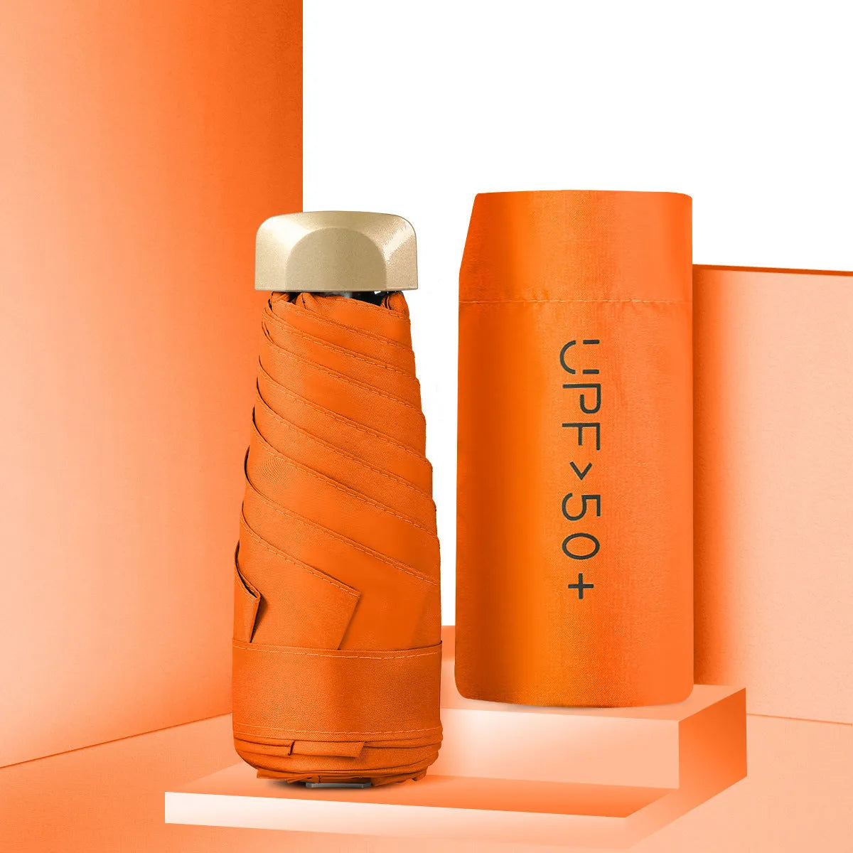 Closed 5-fold mini pocket sun umbrella showing compact size and rubber handle