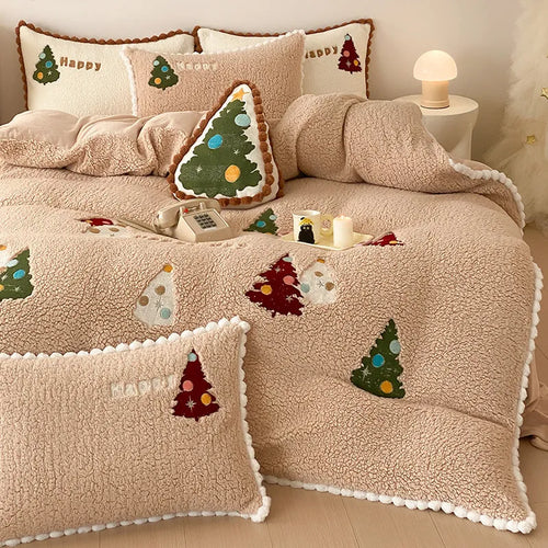 Bright yellow fleece-lined four-piece bedding set with cartoon Christmas tree pattern and embroidery detail