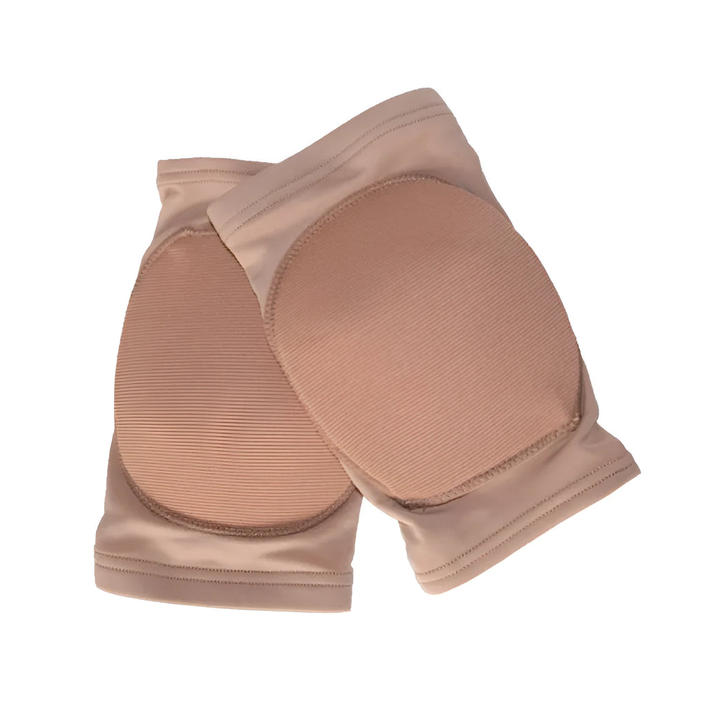 A pair of knee pads for ballet and yoga, shown in either black or skin colour, with size options from XS to XL.