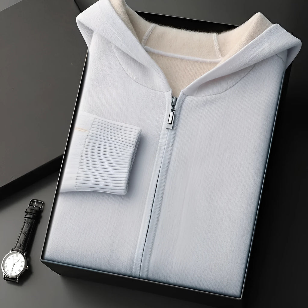 Men's dark blue cashmere cardigan with half-high collar and full-length zipper front