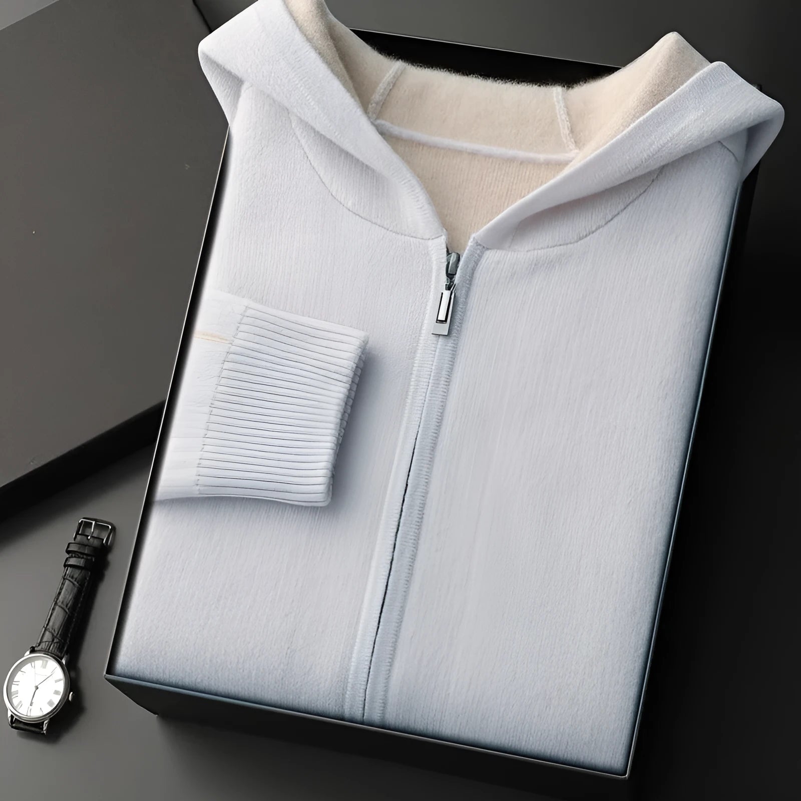 Men's dark blue cashmere cardigan with half-high collar and full-length zipper front