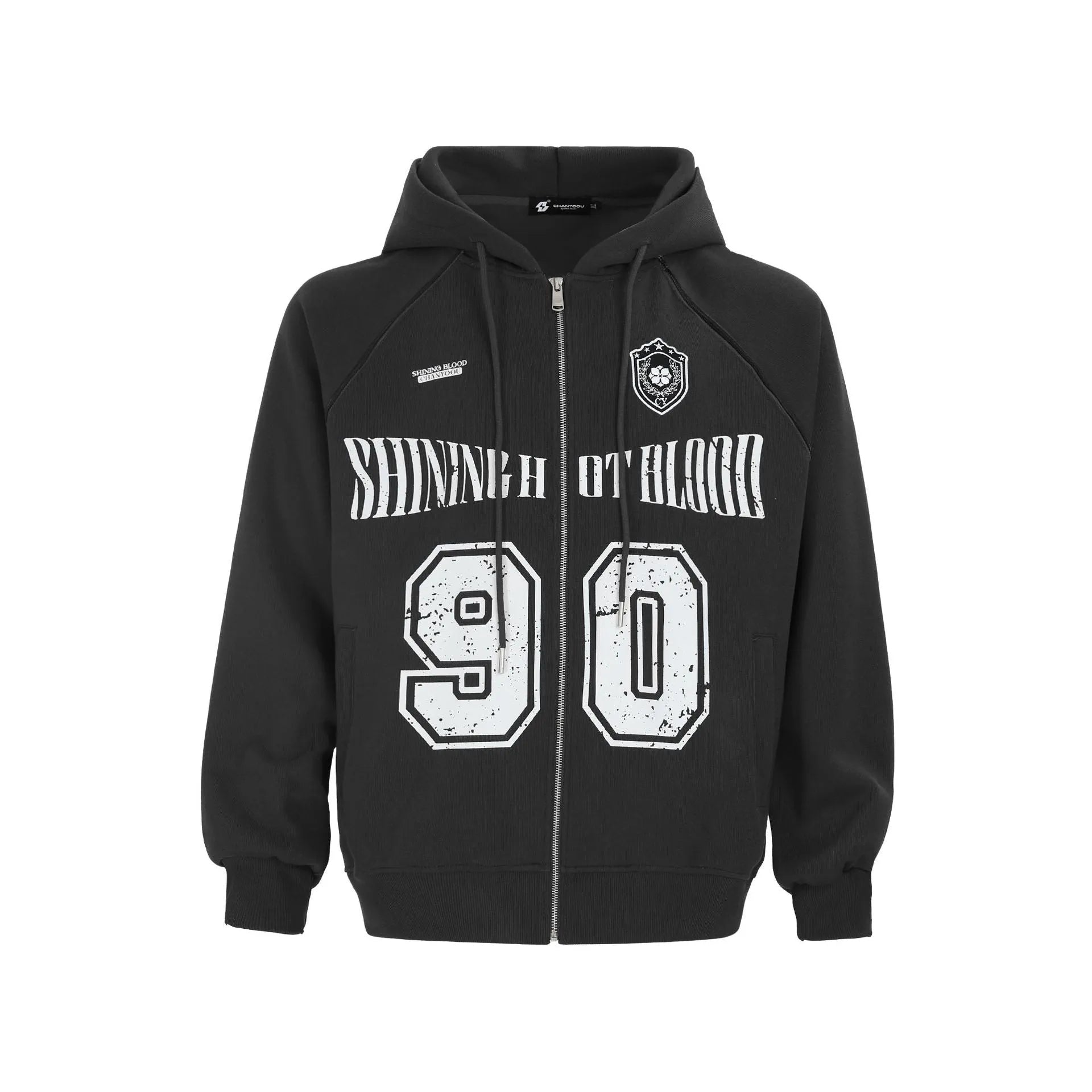 Women's loose hooded jacket with retro letter embroidery in cotton blend fabric