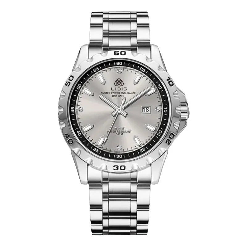 Silver men's business watch with stainless steel strap and choice of black or grey dial.