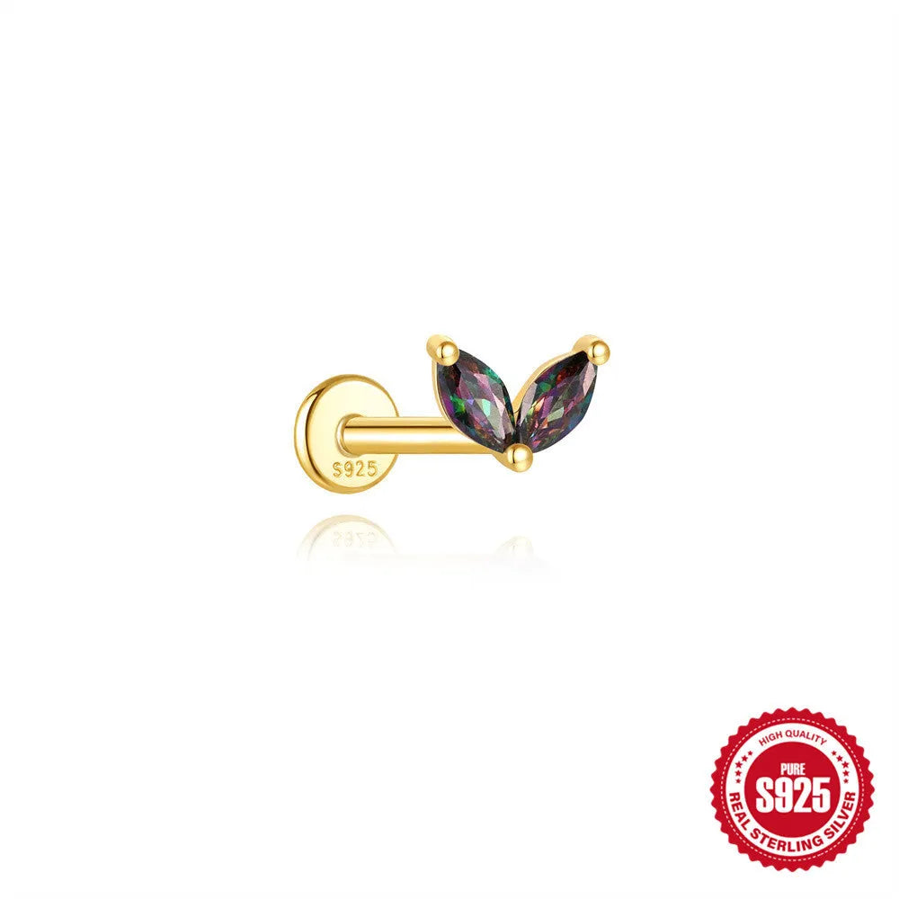 S925 sterling silver piercing earrings with super shiny rainbow stone and flat head thread in gold colour