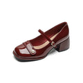 French style chunky heel hiking pump in patent leather with square toe and buckle closure