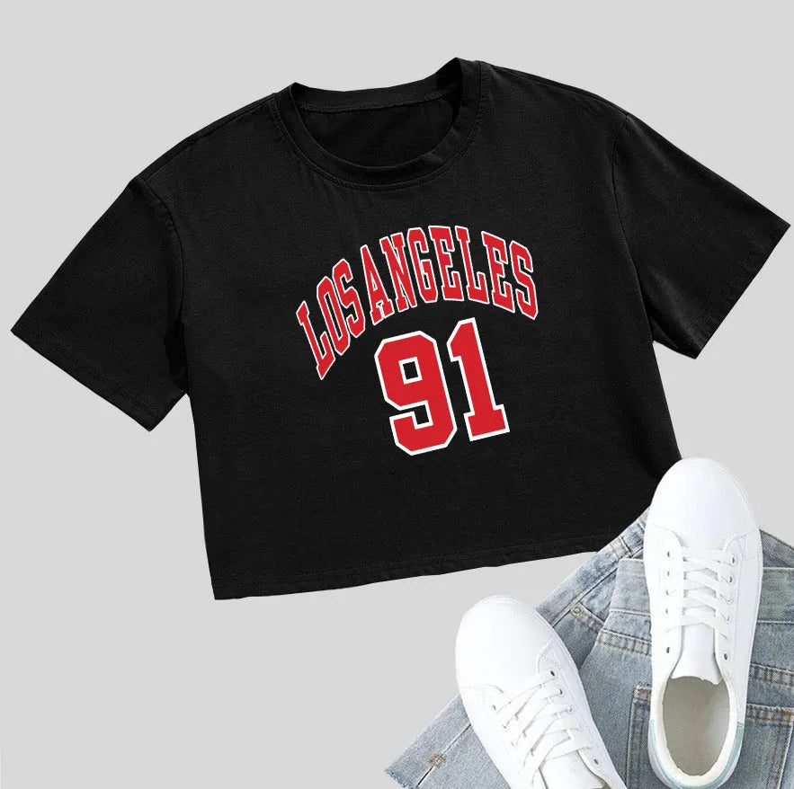 Women's personalised cotton T-shirt with English letters and navel-exposing summer design in black or white