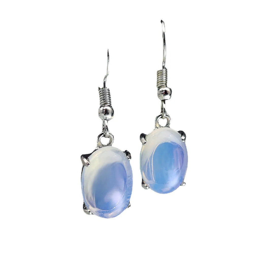 Opal cross pendant drop earrings with moonstone crystal accents measuring 20-24cm in retro vintage style