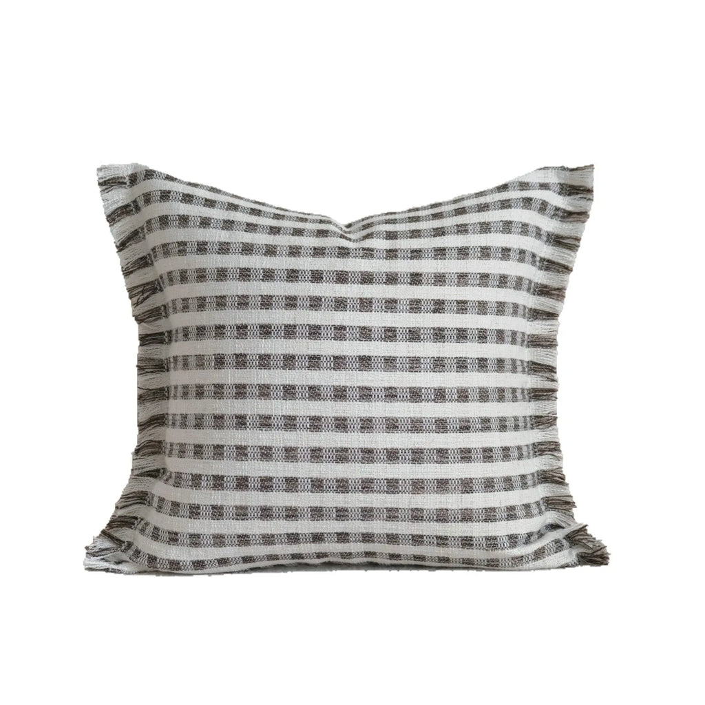 Coffee brown striped Chinese classical style decorative sofa cushion on a grey sofa.