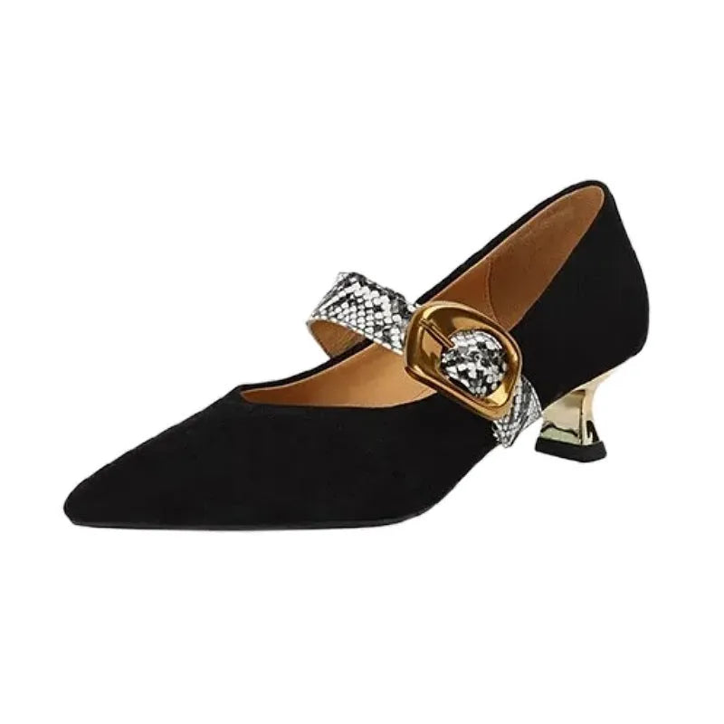 Women's black pointed toe stiletto heels with a buckle strap and a mid-height heel.