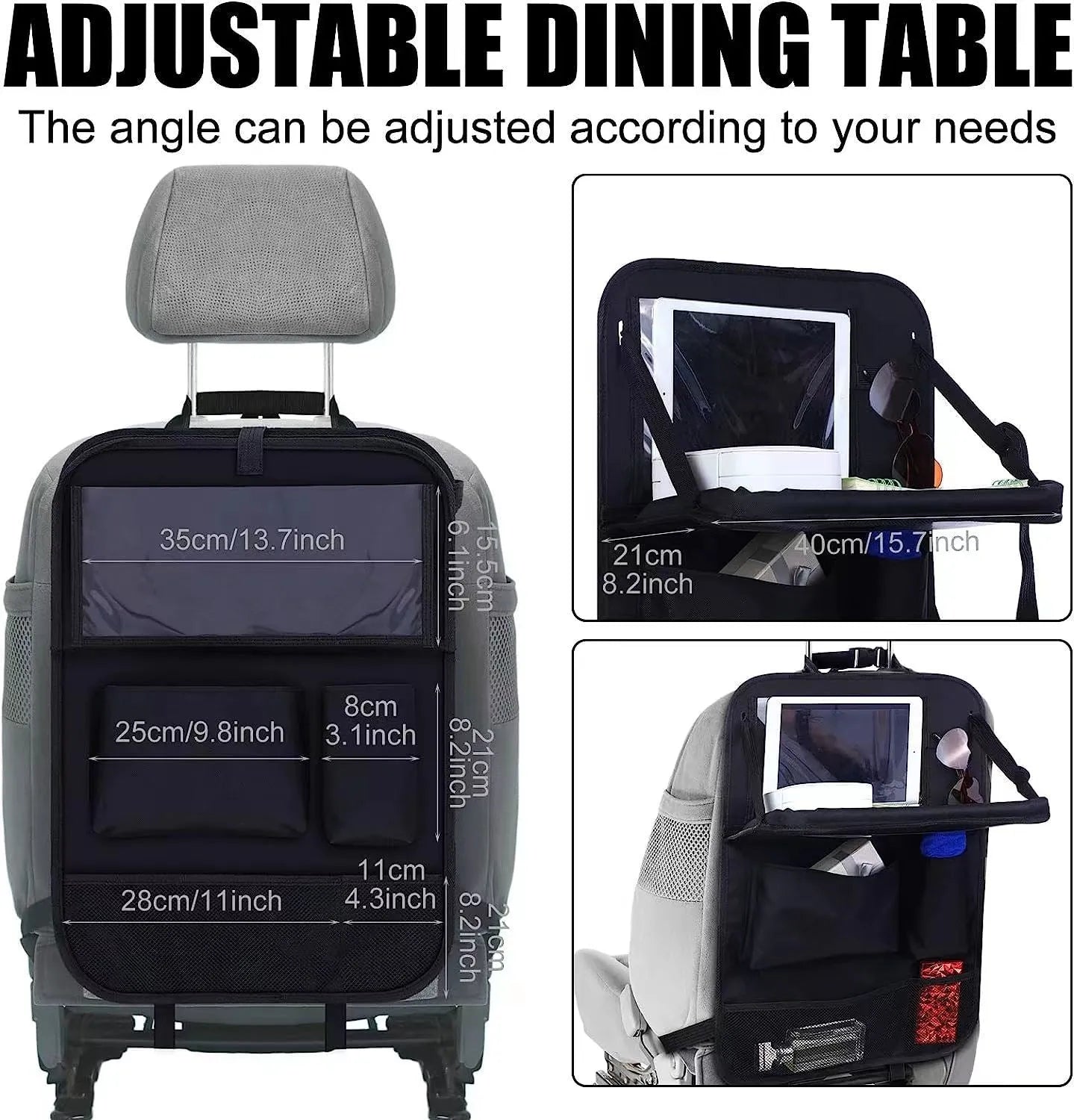 Black oxford cloth car seat back storage bag measuring 42x30cm