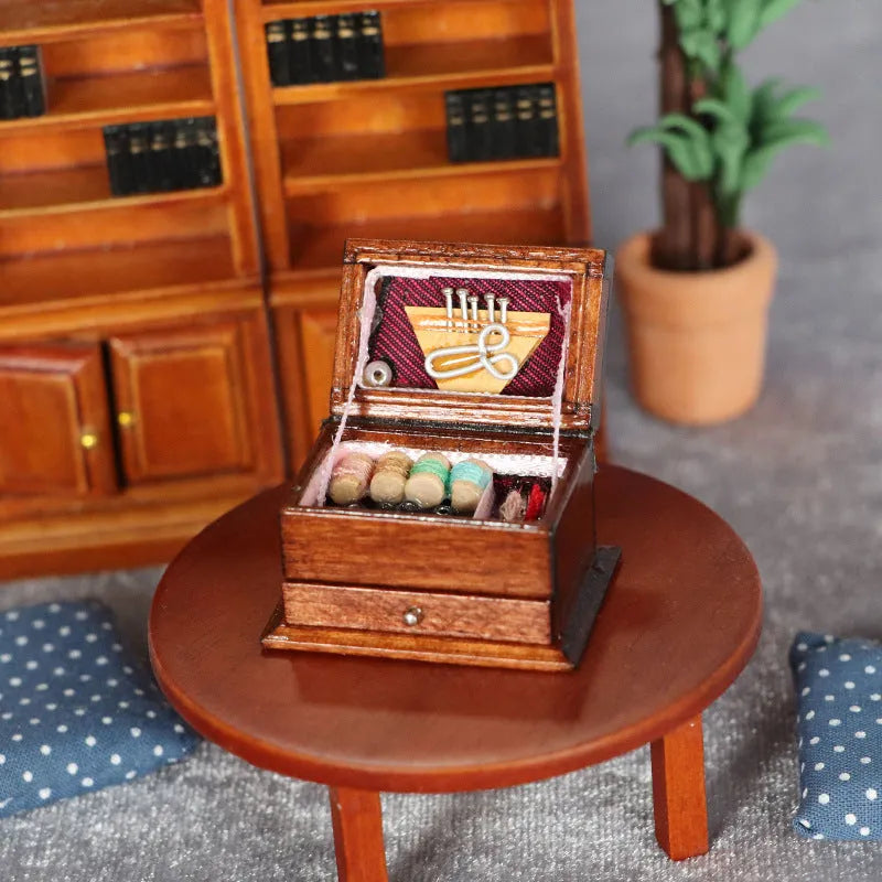 Miniature vintage wooden sewing box ornament with European style design measuring 2.2cm × 3.4cm × 2.3cm