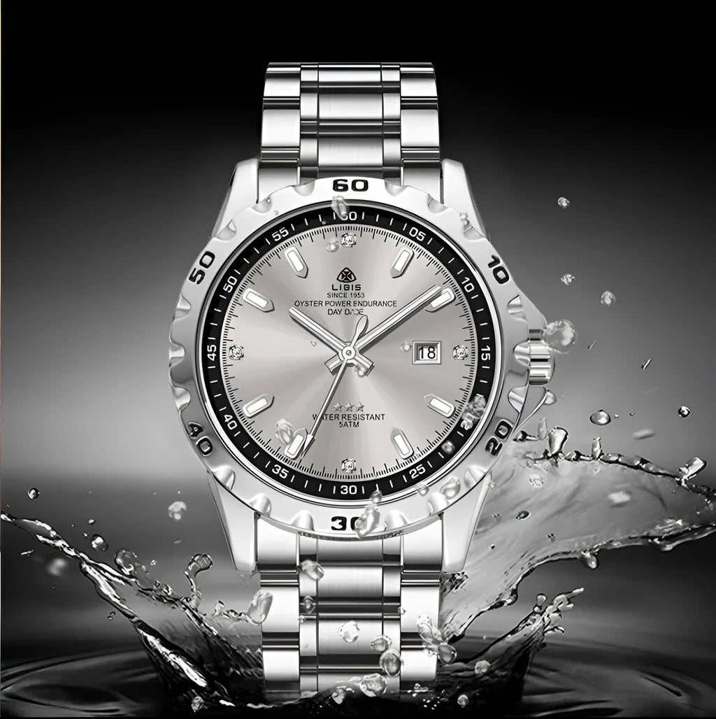 Silver men's business watch with stainless steel strap and choice of black or grey dial.
