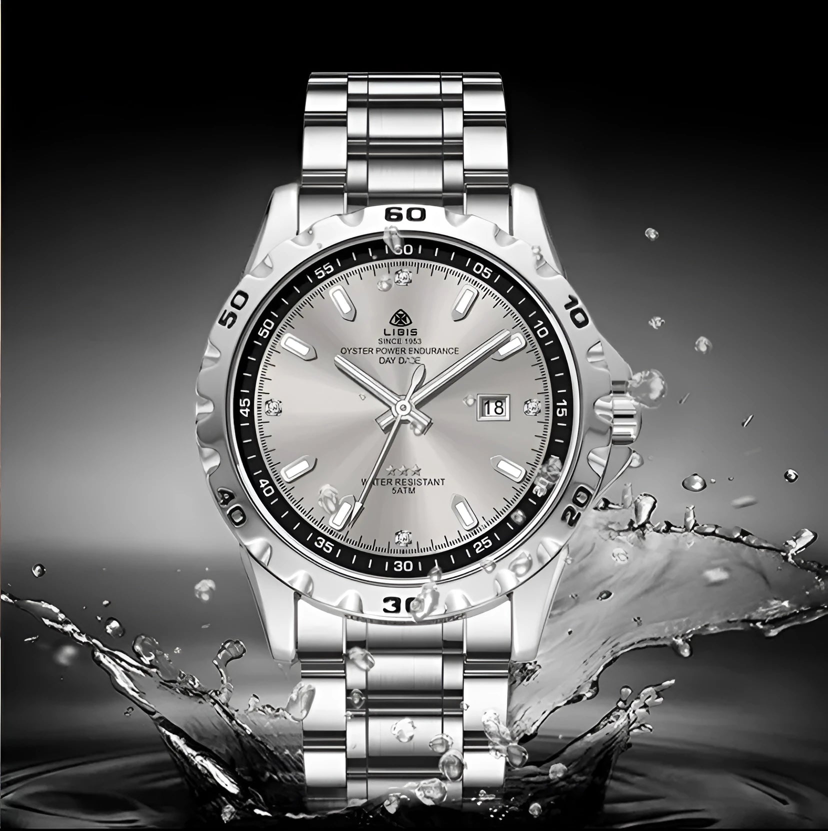 Silver men's business watch with stainless steel strap and choice of black or grey dial.