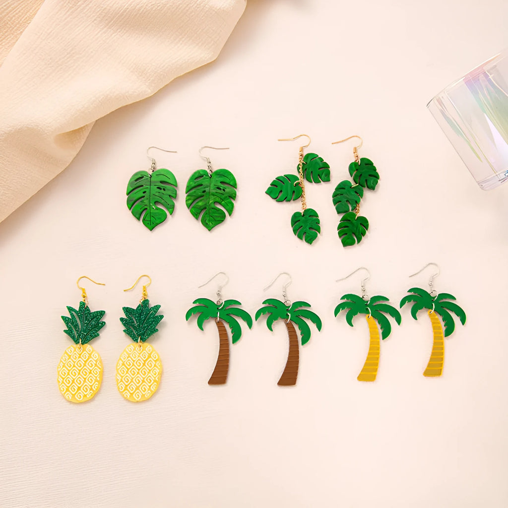 Acrylic drop earrings with coconut and jackfruit design on alloy hooks in various colour styles.