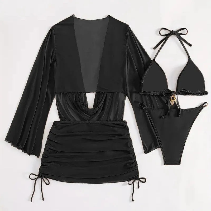 Women's dark brown backless bikini set with lace-up tie, laid flat.