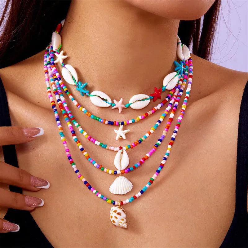 Women's multi-layer starfish shell bead necklace set with adjustable chain