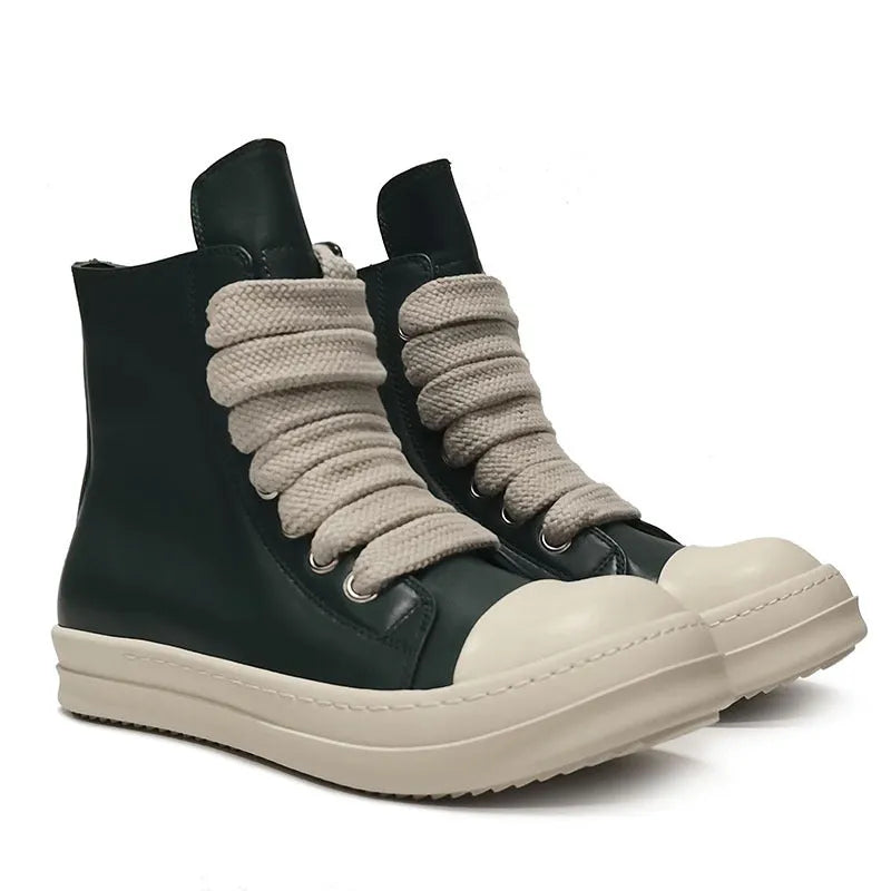 Black genuine leather high-top sneakers with side zipper and round toe on a rubber platform sole.