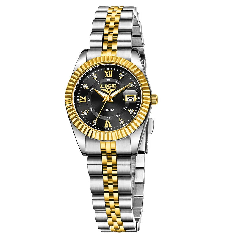 Women's waterproof quartz fashion watch with a 10mm thick case in a gold and black colour variant.