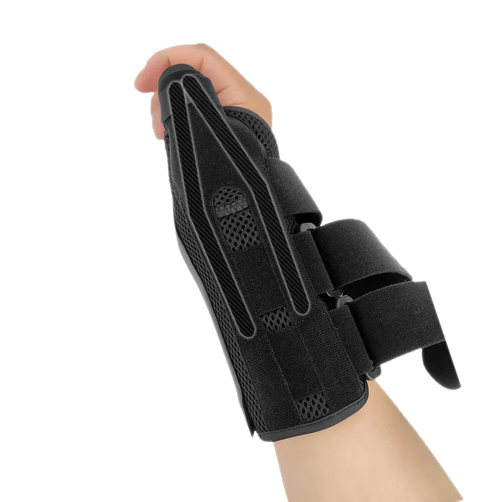 Carbon fibre sports wrist guard with thumb strap in black and grey.