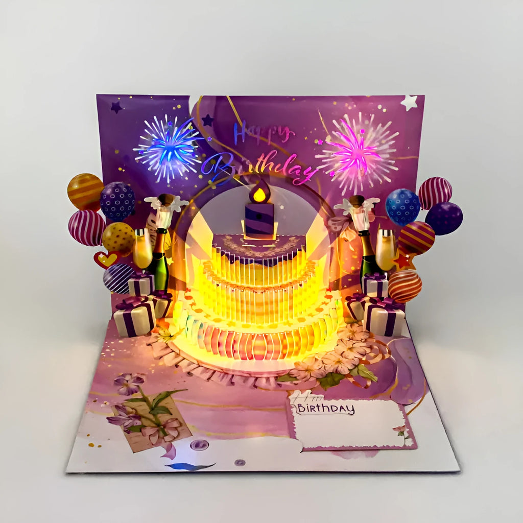 3D greeting card showing light music blowing cake design in Chinese ink style with manual folding