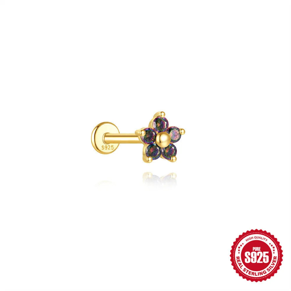 S925 sterling silver piercing earrings with super shiny rainbow stone and flat head thread in gold colour